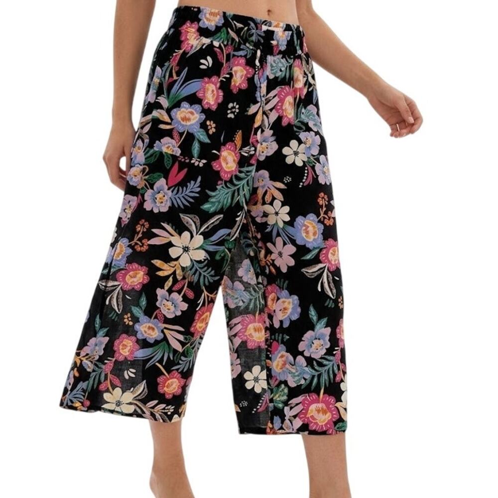 C&C California Floral Linen Wide Leg Pants Women Tie Waist Pockets Size L
